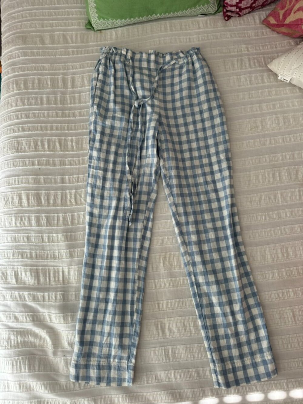 Blue & White Gingham Linen Blend Pants | Size Small